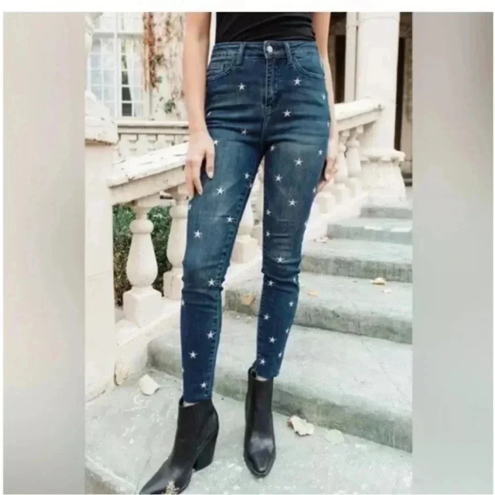 JUDY BLUE Jeans Size 9/29 Skinny Fit embroidered stars high waist dark blue